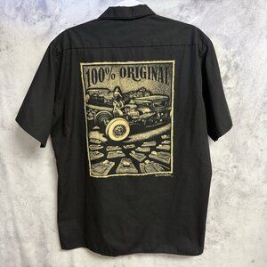 Vintage Dickies Hot Rod Pin Up Girl Mechanic Shop Shirt Mens L Black Button Up